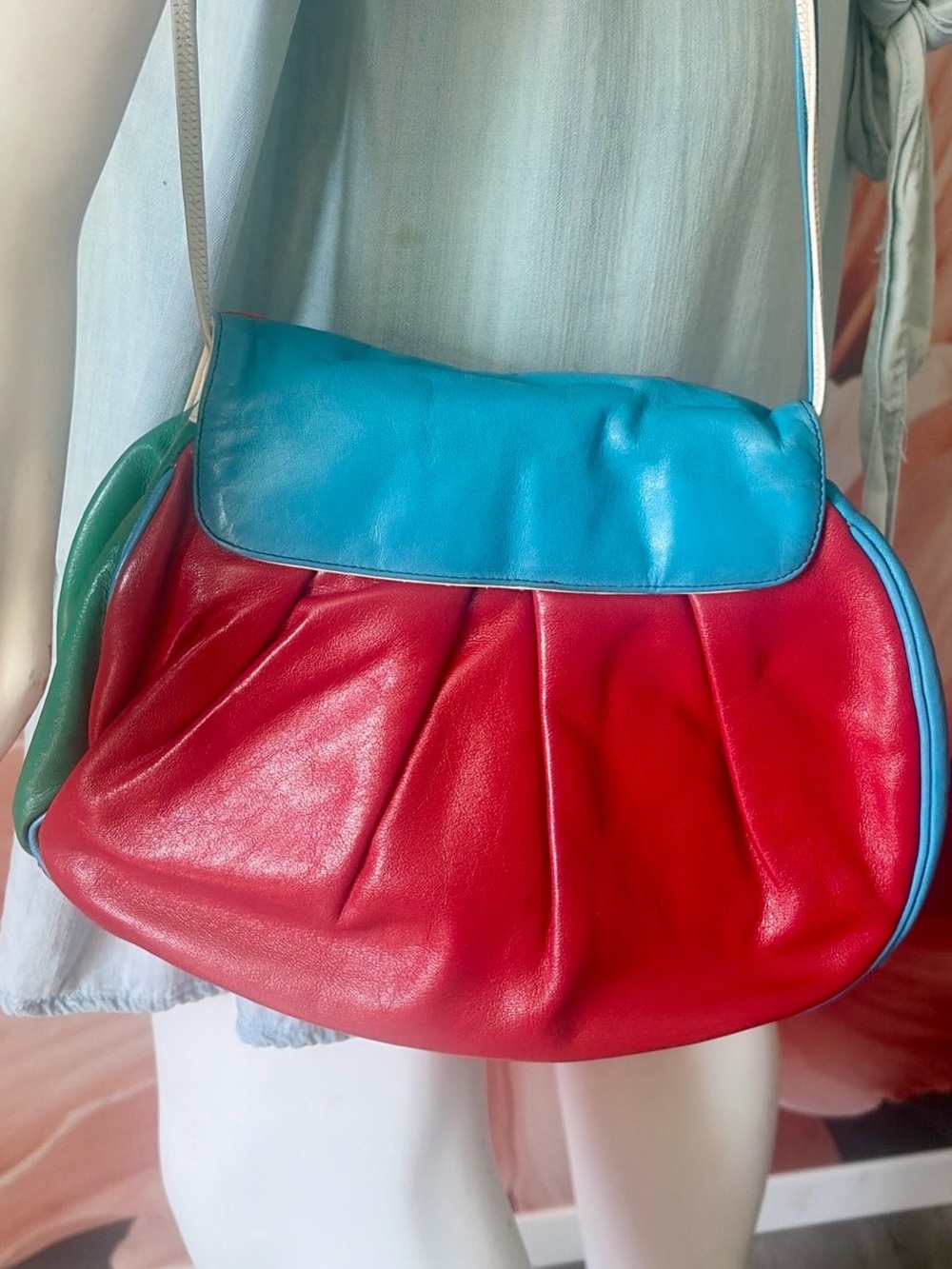 Vintage 1980s Sharif Genuine Leather Barrel Crossbody Floral Patchwork Bag Art - Picture 5 of 14
